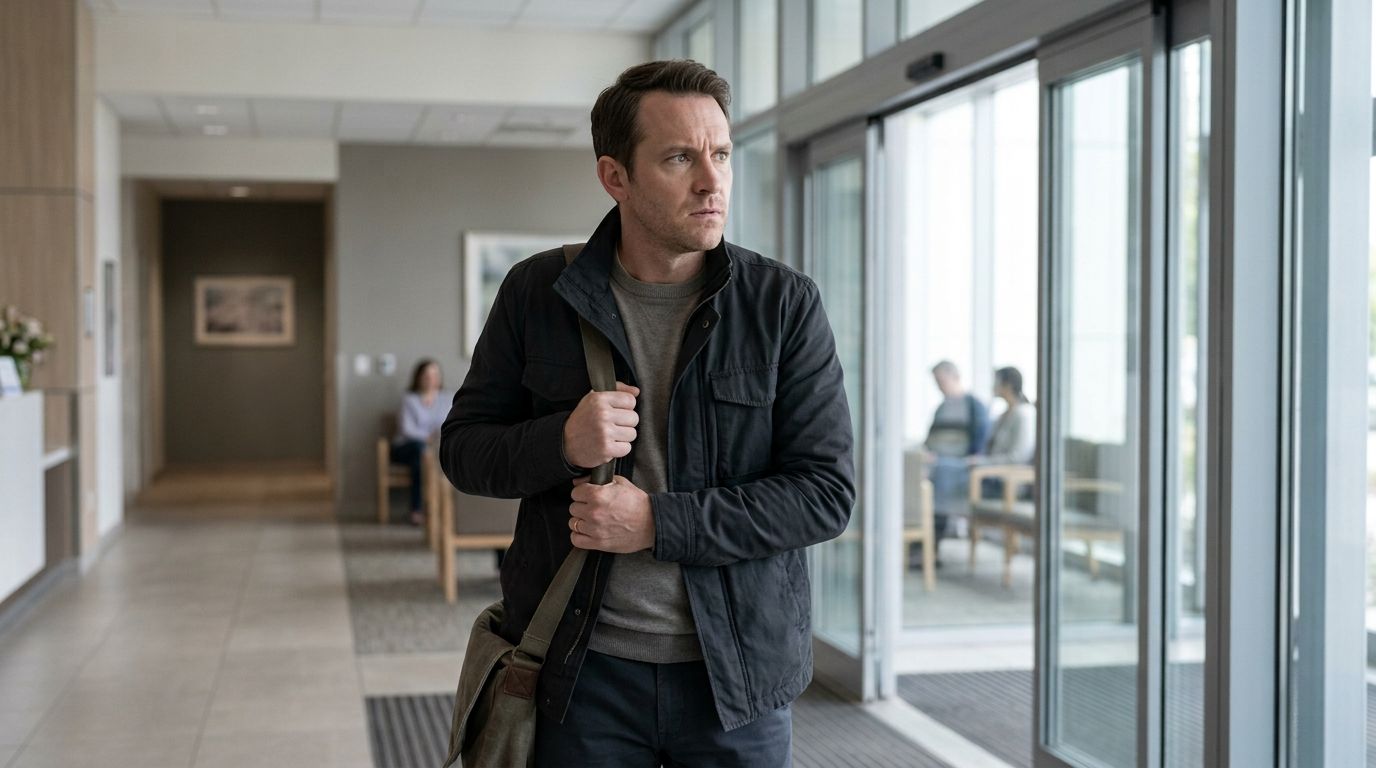 Лечение посттравматического стрессового расстройства Мужчина с сумкой через плечо идёт по светлому коридору и сосредоточенно смотрит в сторону.